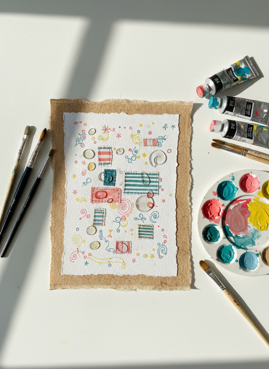 A playful flat-lay of a handmade mixed-media artwork lying on a clean white studio table, featuring layered watercolor paper, tiny stitched fabric patches, glossy resin droplets, and delicately inked doodles in bright coral, teal, and sunny yellow. Scattered around the piece are well-used brushes, tubes of paint with smeared caps, and a ceramic palette dotted with vivid colors. Soft, diffused daylight from a nearby window casts gentle, natural shadows and subtle highlights on textured paper fibers. Photographic realism with a crisp, modern look, shot from a perfectly overhead bird’s-eye view, shallow depth of field subtly blurring the table edges. The mood is creative, playful, and inviting, perfectly capturing an interdisciplinary handmade art studio atmosphere.