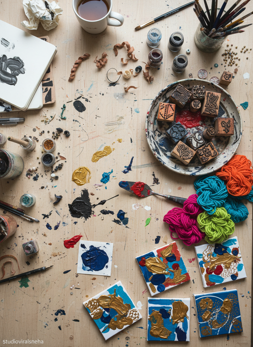 An overhead photographic realism view of a lively work-in-progress desk at Studioviralsneha: several small square canvases filled with playful abstract patterns, hand-carved stamps resting on an ink-stained tray, and colorful yarns coiled beside a palette knife smeared with acrylic paint. The tabletop is a light, slightly scuffed wooden surface dotted with stray ink splashes and pencil shavings. Soft, even studio lighting from above eliminates harsh shadows while still giving a gentle sheen to wet paint and metallic ink marks. Composition uses an asymmetrical layout, with the busiest area in the lower right, fading into negative space in the upper left. The mood is energetic and exploratory, highlighting the joy of mixing mediums in handmade art.