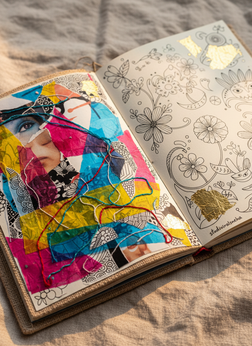 A close-up, photographic realism shot of a textured handmade art journal sprawled open on a natural linen cloth. One page bursts with layered collage: torn magazine bits, translucent tissue, stitched threads, and hand-inked patterns in vivid, contrasting colors. The opposite page shows delicate line drawings and playful doodles, some accented with gold foil that catches the light. Soft morning sunlight streams in from the top left, creating tiny highlights on metallic elements and gentle shadows along paper edges. Captured at a slight diagonal from an eye-level angle, with shallow depth of field blurring the linen background. The mood is intimate, experimental, and joyfully messy, showcasing the interdisciplinary spirit of Studioviralsneha.