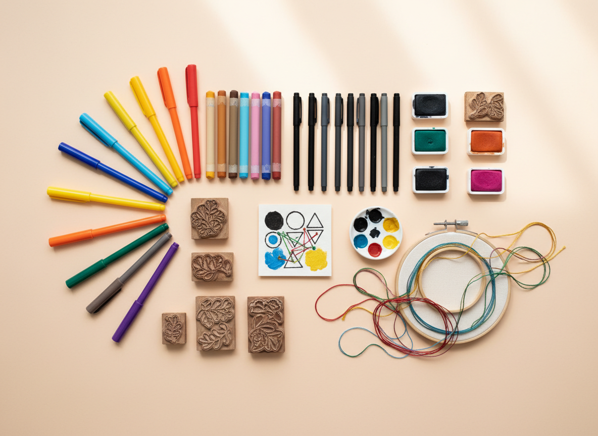 A neatly organized flat-lay of Studioviralsneha’s favorite interdisciplinary art tools on a pale peach background: gel pens in vibrant hues, chunky oil pastels, fine-liner pens, hand-carved rubber stamps, small ink pads, a tiny palette of gouache, and delicate embroidery threads looping around a wooden hoop. In the center lies a small square artwork in progress, combining stamped shapes, painted areas, and stitched lines. Soft, diffused daylight from the top gently reduces harsh contrasts, casting minimal, soft-edged shadows. Photographic realism with crisp focus across the entire frame, arranged in a playful yet orderly composition. The mood is bright, upbeat, and inspiring, suggesting endless creative possibilities within Studioviralsneha’s handmade practice.