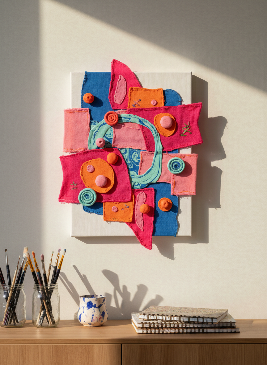 A brightly colored handmade abstract wall piece hanging on a matte white wall in a minimalist studio corner. The artwork combines stretched canvas, stitched fabric shapes, hand-marbled paper, and tiny 3D clay accents, all in a playful palette of hot pink, cobalt blue, tangerine, and mint. Below, a simple light-wood sideboard holds jars of brushes, a ceramic water cup splashed with dried pigment, and a stack of sketchbooks. Warm golden-hour light streams through an unseen window, grazing the artwork’s raised textures and casting long, soft shadows across the wall. Photographic realism, shot from a slightly off-center eye-level perspective, with clear focus and gentle background blur. The atmosphere is vibrant, imaginative, and welcoming, embodying Studioviralsneha’s handmade, interdisciplinary style.