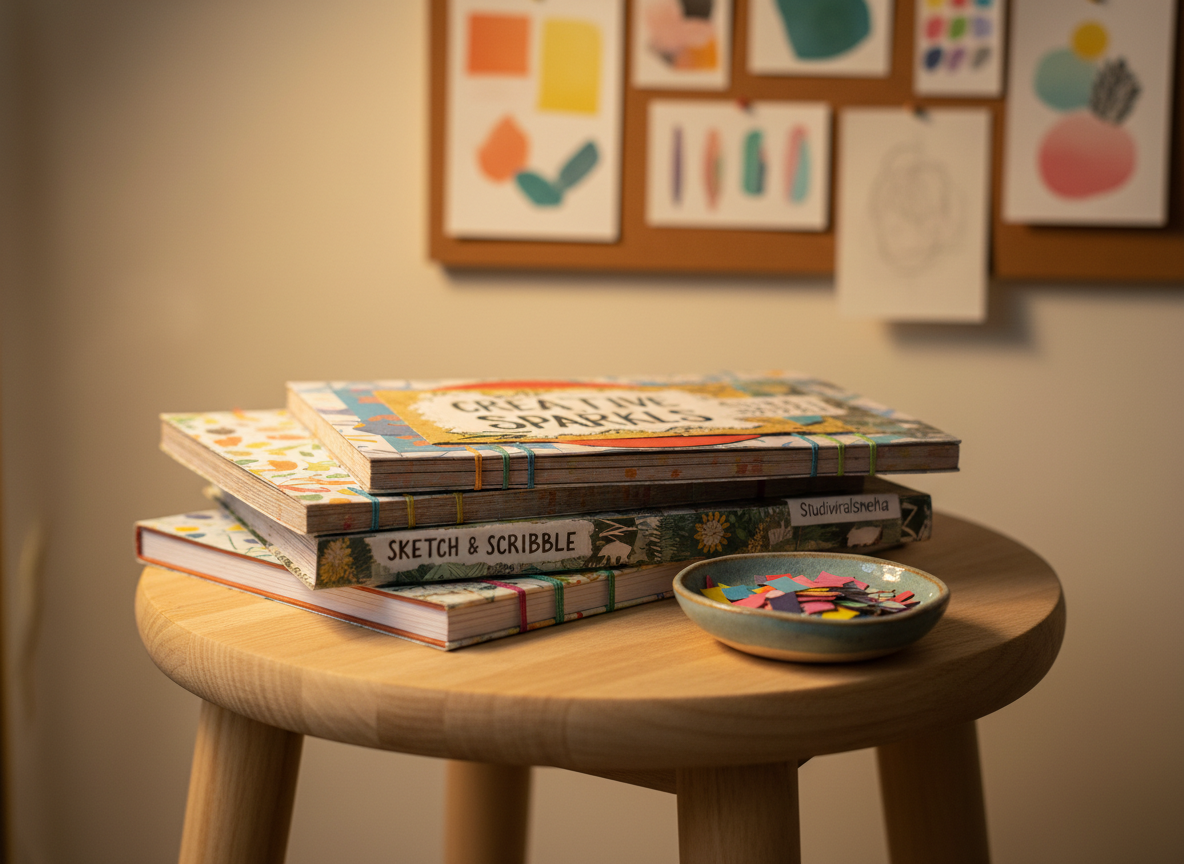 A cozy corner display featuring a stack of handmade sketchbooks and art zines by Studioviralsneha, each with unique mixed-media covers: stitched spines, collaged papers, stamped patterns, and hand-lettered titles in playful typography. They rest on a round light-wood stool with visible grain, beside a small ceramic dish holding rainbow-colored paper scraps and washi tape offcuts. Behind them, a softly blurred wall shows pinned mini artworks and color swatches. Warm ambient light from a nearby lamp casts gentle, golden illumination and soft shadows, enhancing the textures of paper and thread. Photographic realism, shot at a three-quarter angle with shallow depth of field, creating a snug, inviting mood that celebrates the tangible charm of handmade art objects.