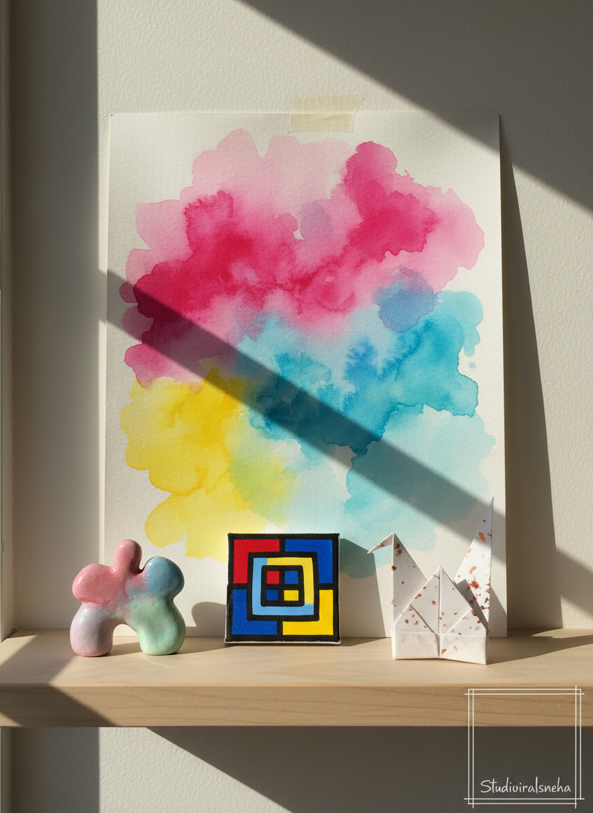 A small collection of whimsical handmade art objects arranged on a light birch wooden shelf: a tiny abstract clay sculpture with pastel glazes, a miniature canvas with bold geometric shapes, and a delicately folded paper structure with metallic ink details. Behind them, a softly painted watercolor backdrop taped to the wall adds splashes of magenta, turquoise, and lemon yellow. Natural afternoon light pours in from the side, creating gentle shadows and reflective gleams on glossy surfaces. Photographic realism with a clean, bright, contemporary aesthetic, framed using the rule of thirds. The image feels playful yet curated, showing Studioviralsneha as a space where different art forms happily coexist.
